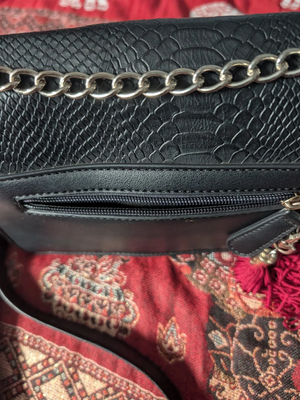 Black Embossed Leather Crossbody Bag with Red Floral Embroidery